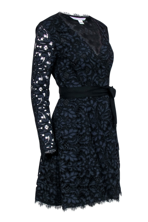 Current Boutique-Diane von Furstenberg - Black & Navy Lace Wrap Dress Sz 6