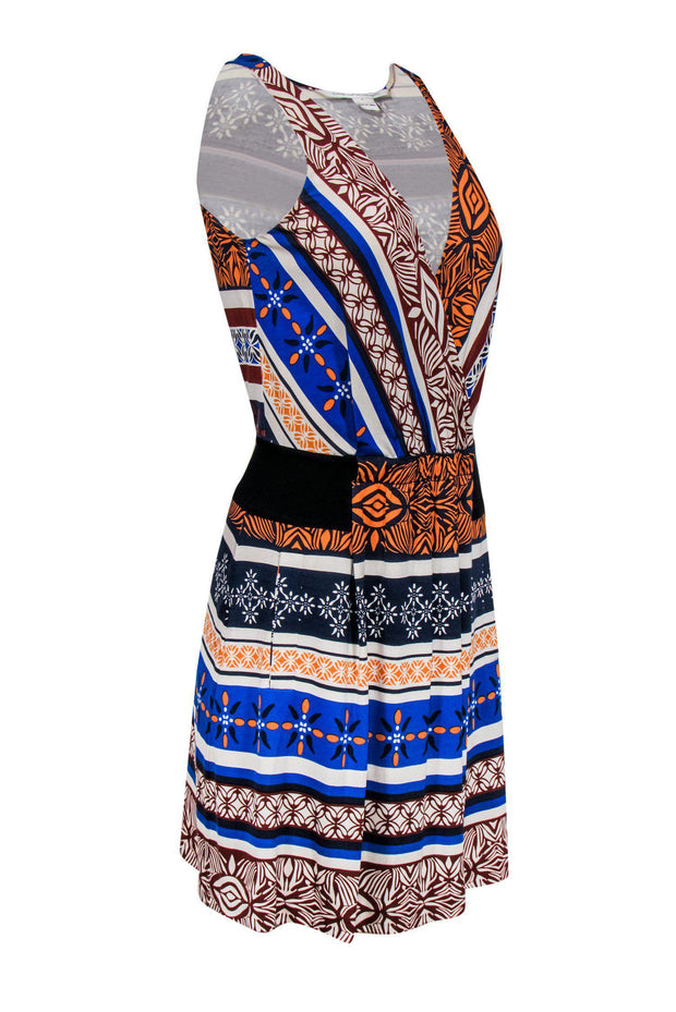 Current Boutique-Diane von Furstenberg - Orange & Blue Tribal Print Pleated Dress Sz 6