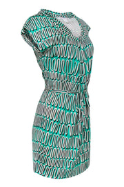Current Boutique-Diane von Furstenberg - Teal & White Printed Silk Shift Dress w/ Tie Belt Sz 4