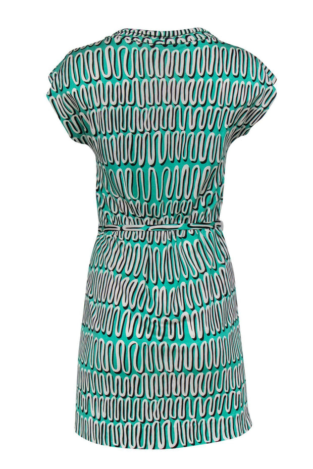 Current Boutique-Diane von Furstenberg - Teal & White Printed Silk Shift Dress w/ Tie Belt Sz 4