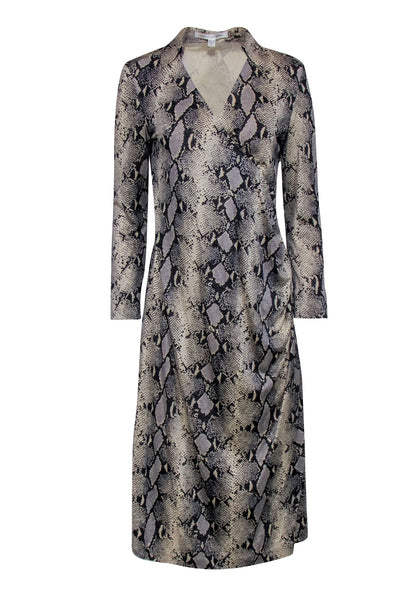 Current Boutique-Diane von Furstenberg - Beige & Black Snakeskin Print Faux Wrap Dress Sz M