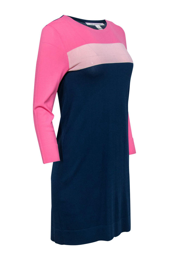 Current Boutique-Diane von Furstenberg - Pink & Navy Colorblock Knit Shift Dress Sz S