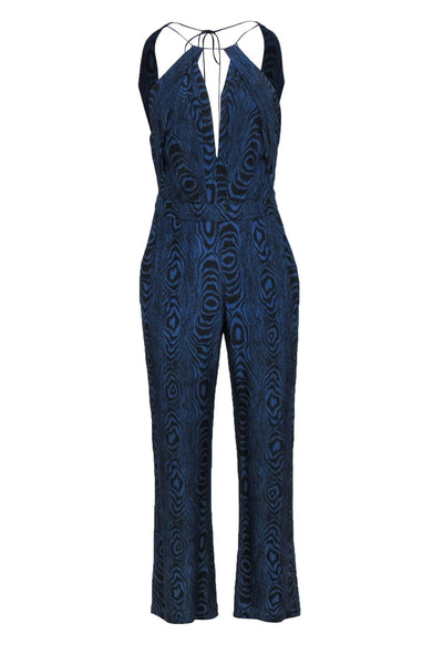 Current Boutique-Diane von Furstenberg - Blue & Black Wood Grain Print Silk Jumpsuit Sz 2