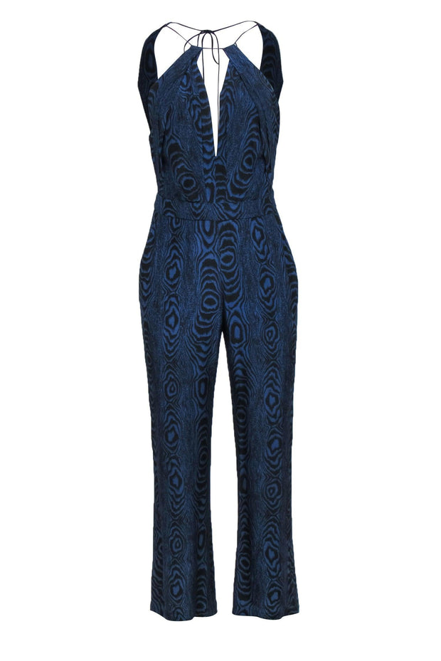 Current Boutique-Diane von Furstenberg - Blue & Black Wood Grain Print Silk Jumpsuit Sz 2