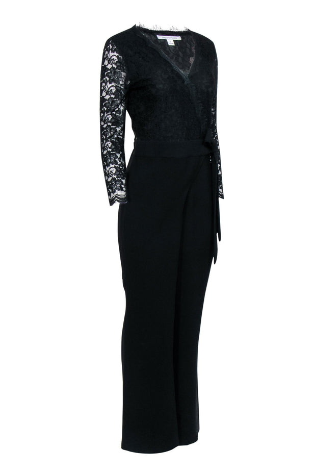 Current Boutique-Diane von Furstenberg - Black Lace Top Wrap Jumpsuit w/ Wide Leg Sz 8