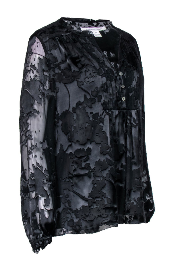 Current Boutique-Diane von Furstenberg - Black Silk Floral Long Sleeve Blouse Sz 12