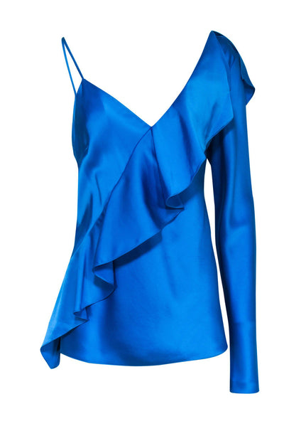 Current Boutique-Diane von Furstenberg - Bright Blue Satin One-Sleeve Ruffle Blouse Sz 14
