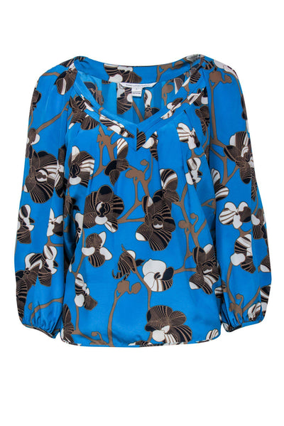 Current Boutique-Diane von Furstenberg - Turquoise Blouse w/ Puff Sleeve & Orchid Pattern Sz 4