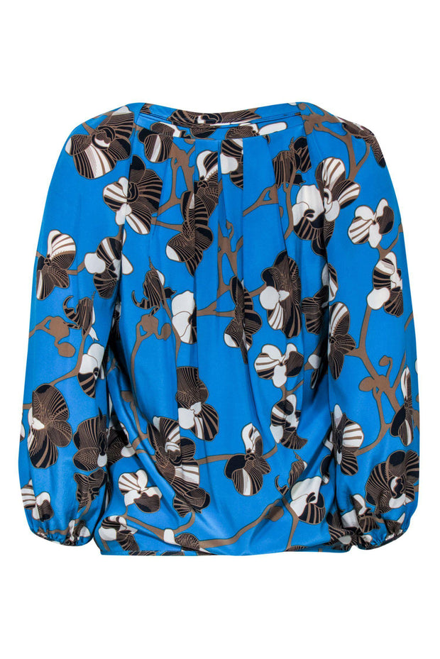 Current Boutique-Diane von Furstenberg - Turquoise Blouse w/ Puff Sleeve & Orchid Pattern Sz 4
