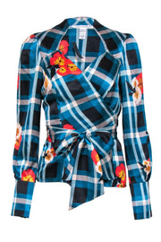Current Boutique-Diane von Furstenberg - Teal & Black Plaid w/ Floral Detail Silk Wrap Blouse Sz 6