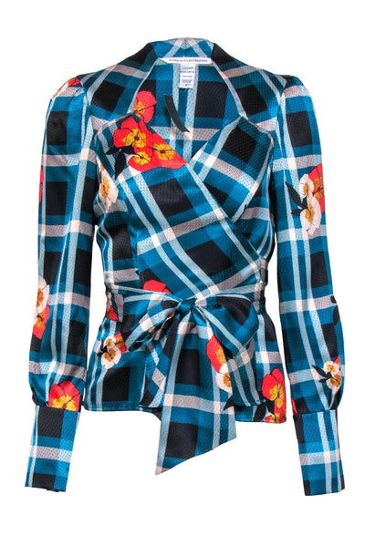Current Boutique-Diane von Furstenberg - Teal & Black Plaid w/ Floral Detail Silk Wrap Blouse Sz 6