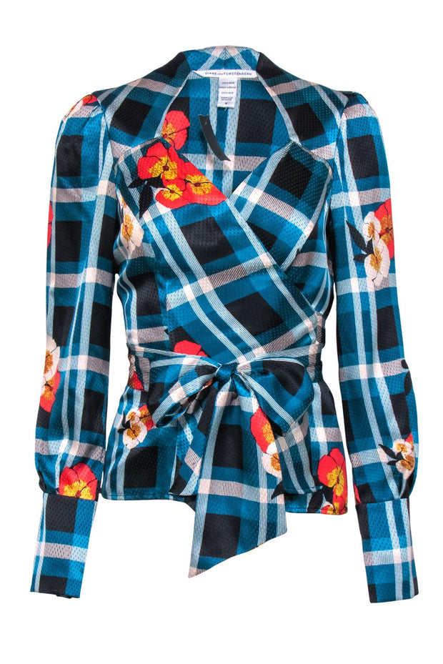 Current Boutique-Diane von Furstenberg - Teal & Black Plaid w/ Floral Detail Silk Wrap Blouse Sz 6