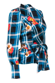 Current Boutique-Diane von Furstenberg - Teal & Black Plaid w/ Floral Detail Silk Wrap Blouse Sz 6
