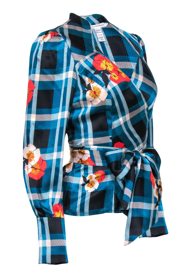 Current Boutique-Diane von Furstenberg - Teal & Black Plaid w/ Floral Detail Silk Wrap Blouse Sz 6
