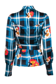 Current Boutique-Diane von Furstenberg - Teal & Black Plaid w/ Floral Detail Silk Wrap Blouse Sz 6