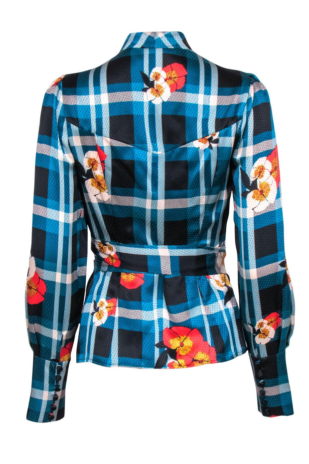 Current Boutique-Diane von Furstenberg - Teal & Black Plaid w/ Floral Detail Silk Wrap Blouse Sz 6