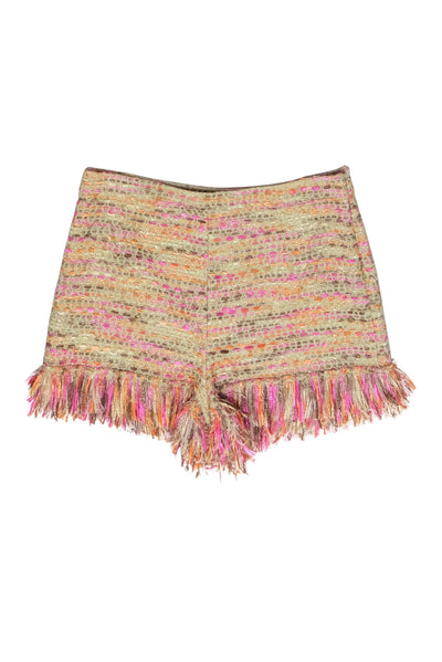 Current Boutique-Diane von Furstenberg - Pink & Gold Metallic Tweed Fringe Shorts Sz 12