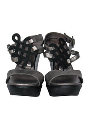 Current Boutique-Diane von Furstenberg - Silver & Black Leather Strappy Platform “Odette” Wedges Sz 8.5