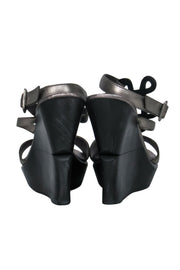 Current Boutique-Diane von Furstenberg - Silver & Black Leather Strappy Platform “Odette” Wedges Sz 8.5