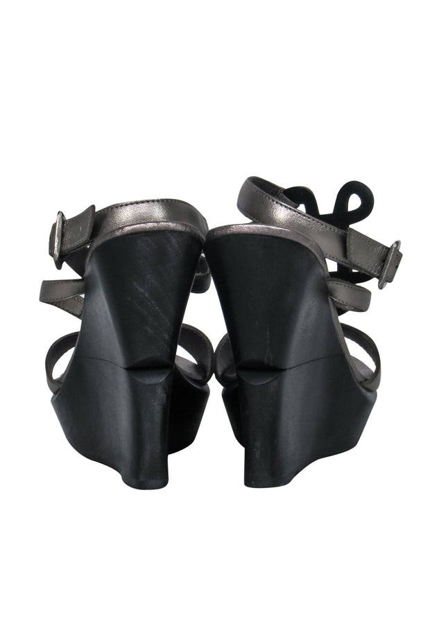 Current Boutique-Diane von Furstenberg - Silver & Black Leather Strappy Platform “Odette” Wedges Sz 8.5