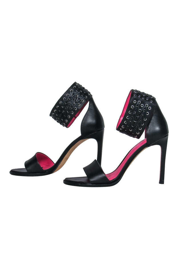 Current Boutique-Diesel - Black Leather Grommet Studded Ankle Strap Open Toe Heels Sz 7