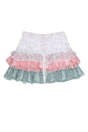 Current Boutique-Divine Heritage - White, Pink & Green Tiered Floral Print Miniskirt Sz S