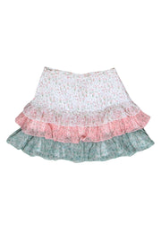 Current Boutique-Divine Heritage - White, Pink & Green Tiered Floral Print Miniskirt Sz S