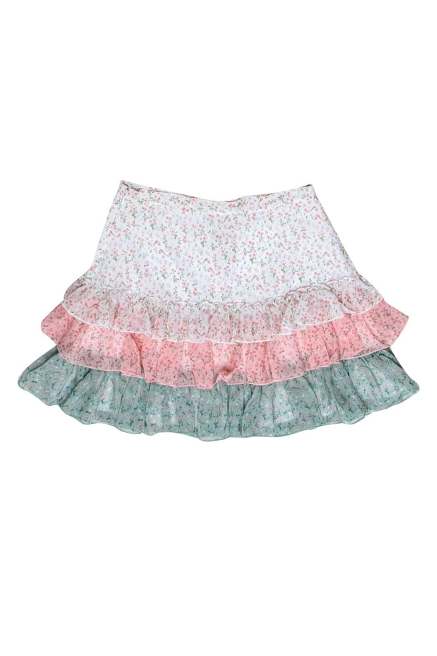 Current Boutique-Divine Heritage - White, Pink & Green Tiered Floral Print Miniskirt Sz S