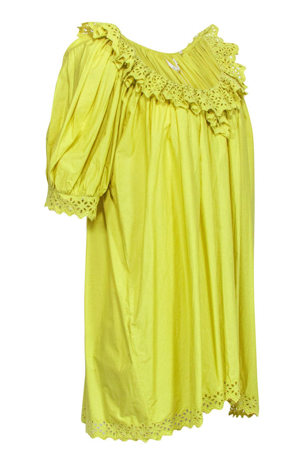 Current Boutique-Doen - Green Cotton Babydoll Dress w/ Eyelet Trim & Puff Sleeves Sz XL