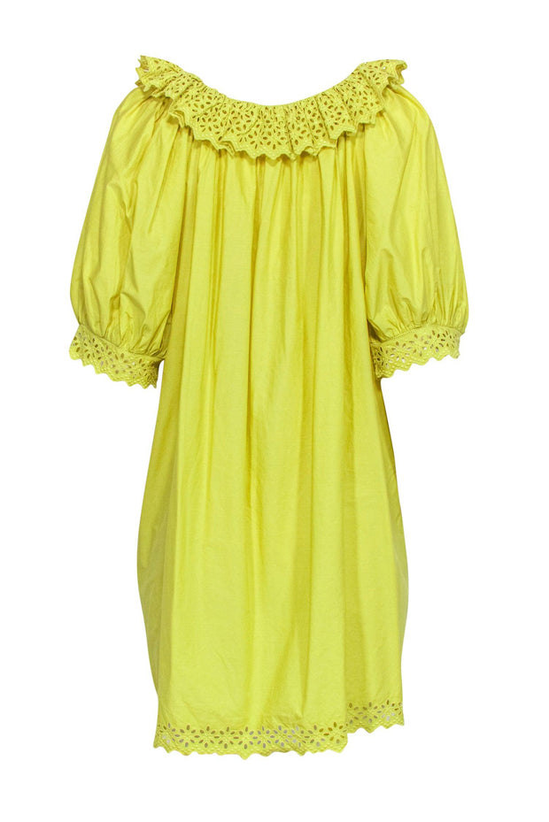Current Boutique-Doen - Green Cotton Babydoll Dress w/ Eyelet Trim & Puff Sleeves Sz XL