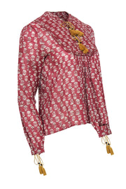 Current Boutique-Doen - Red & Cream Floral Print Long Sleeve Blouse w/ Tassels Sz S