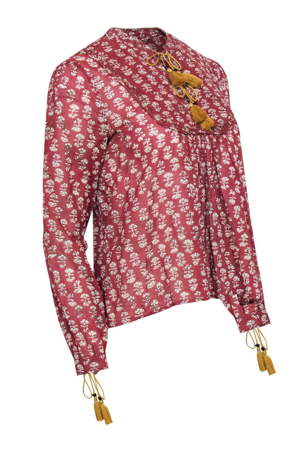 Current Boutique-Doen - Red & Cream Floral Print Long Sleeve Blouse w/ Tassels Sz S
