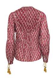 Current Boutique-Doen - Red & Cream Floral Print Long Sleeve Blouse w/ Tassels Sz S