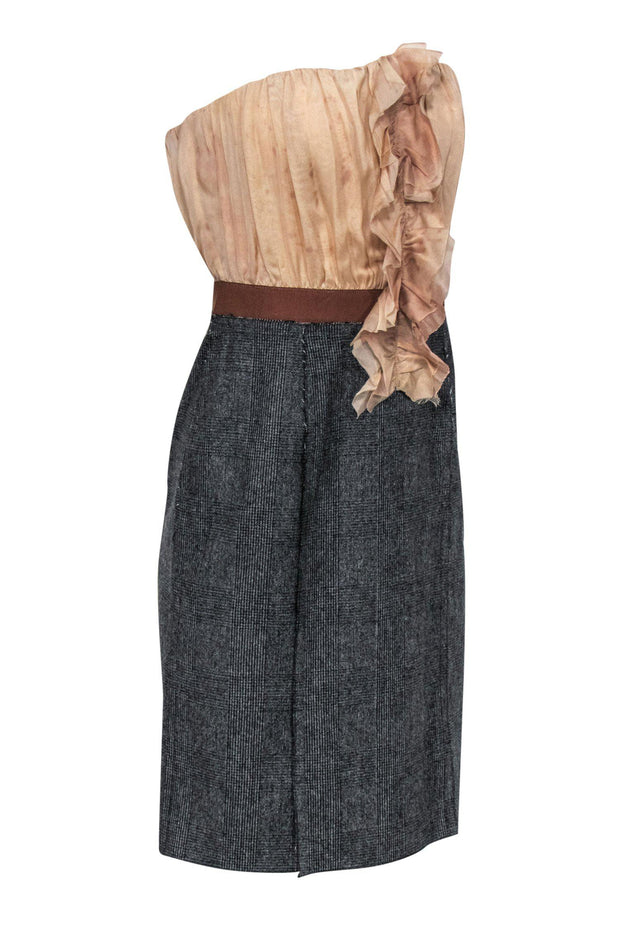 Current Boutique-Dolce & Gabbana - Beige & Grey Strapless Ruffle Wine Print Sheath Dress Sz 4