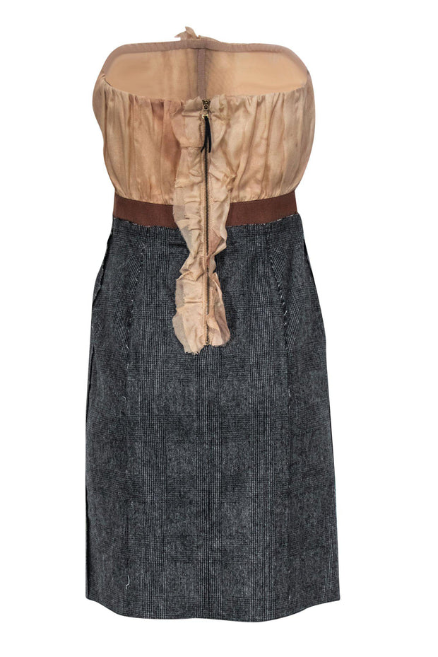Current Boutique-Dolce & Gabbana - Beige & Grey Strapless Ruffle Wine Print Sheath Dress Sz 4