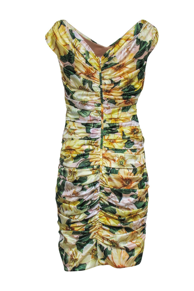 Current Boutique-Dolce & Gabbana - Blush & Yellow Floral Silk Bodycon Midi Cocktail Dress Sz S