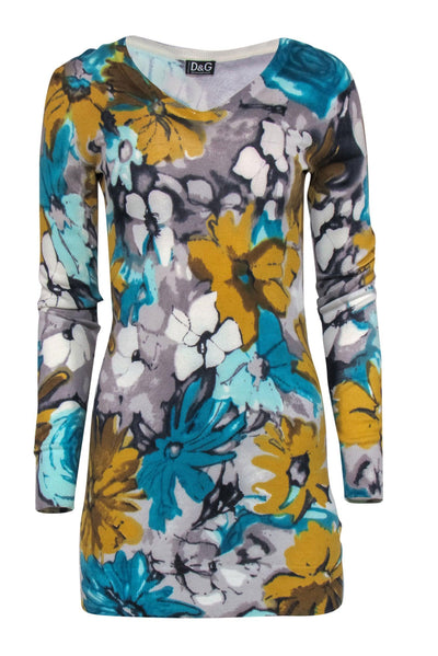 Current Boutique-Dolce & Gabbana - Blue & Yellow Floral Knit Bodycon Dress Sz S
