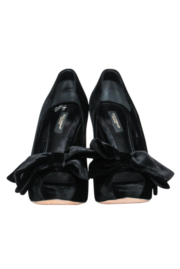 Current Boutique-Dolce & Gabbana - Black Velvet Peep-Toe Pumps W/ Platform & Bows Sz 7.5