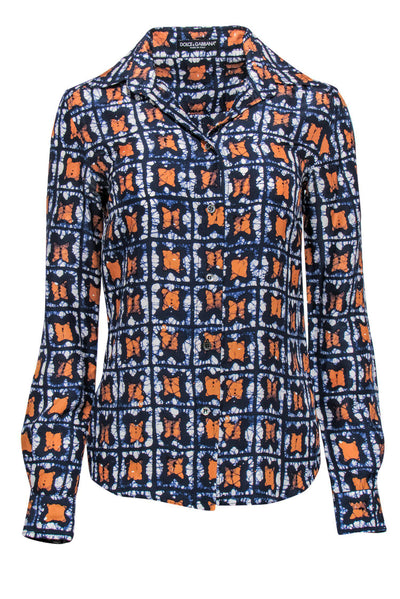 Current Boutique-Dolce & Gabbana - Navy, Orange & White Marbled Blouse Sz 2
