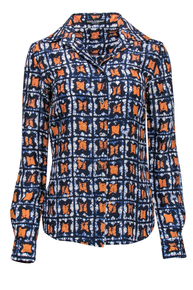 Current Boutique-Dolce & Gabbana - Navy, Orange & White Marbled Blouse Sz 2