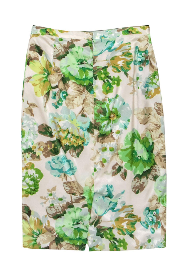 Current Boutique-Dolce & Gabbana - Cream & Green Floral Print Satin Pencil Skirt Sz 2