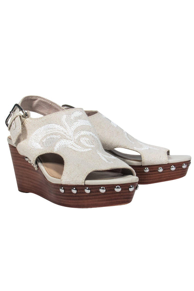 Current Boutique-Donald J Pliner - Beige Open Toe Wedges w/ Sequin Design & Studs Sz 8.5