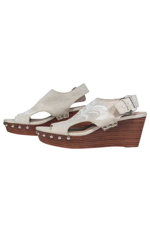 Current Boutique-Donald J Pliner - Beige Open Toe Wedges w/ Sequin Design & Studs Sz 8.5