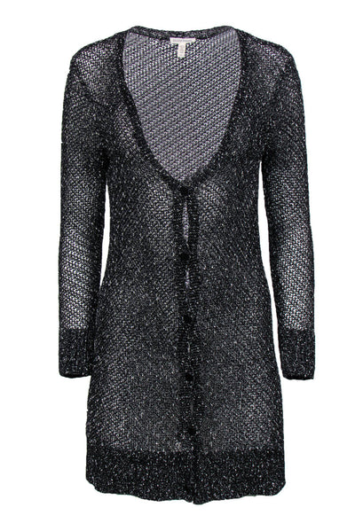 Current Boutique-Eileen Fisher - Black & White Speckled Knit Button-Up Longline Cardigan Sz S
