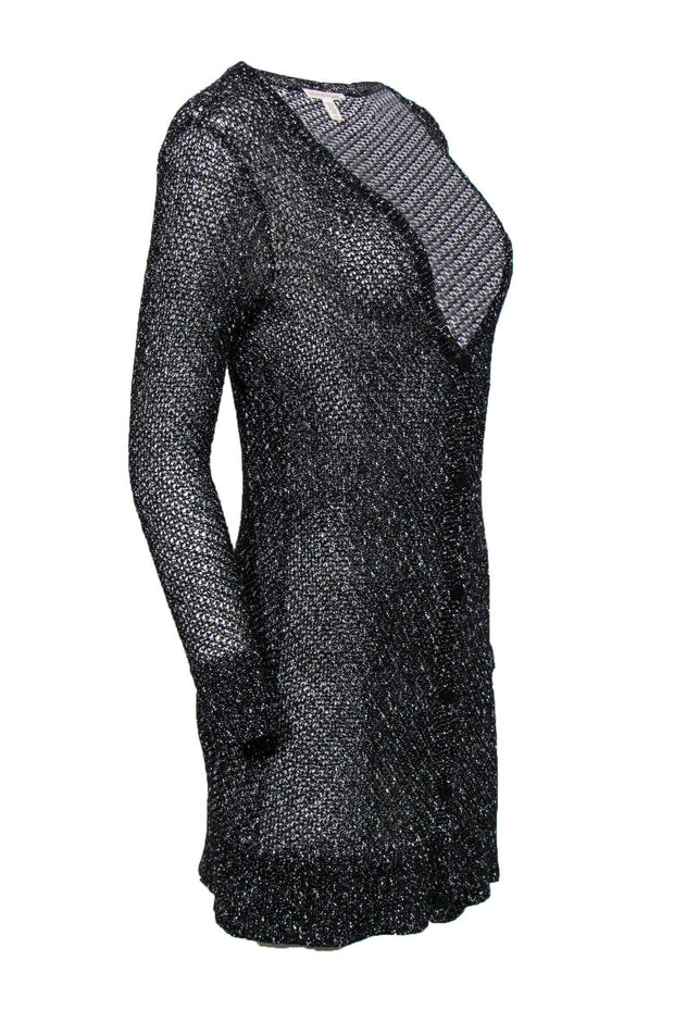 Current Boutique-Eileen Fisher - Black & White Speckled Knit Button-Up Longline Cardigan Sz S