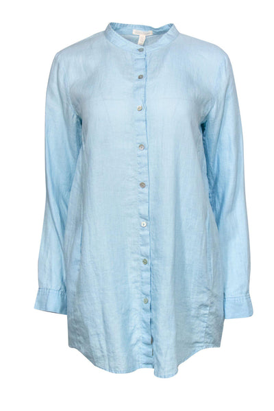 Current Boutique-Eileen Fisher - Light Blue Long Sleeve Button-Up Linen Shirt Dress Sz XS