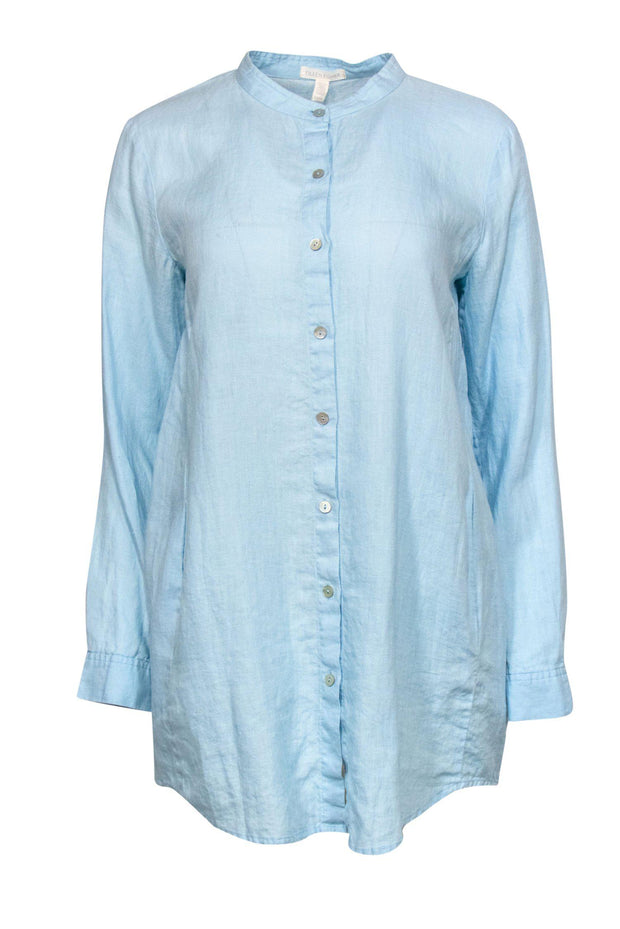 Current Boutique-Eileen Fisher - Light Blue Long Sleeve Button-Up Linen Shirt Dress Sz XS