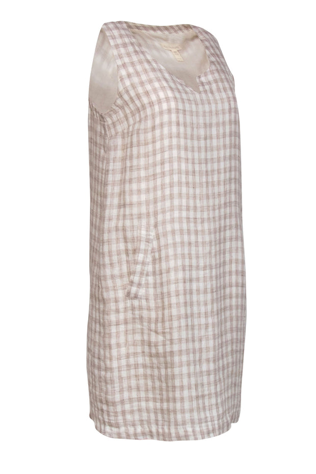 Current Boutique-Eileen Fisher - Cream Gingham Linen Shift Dress Sz XS