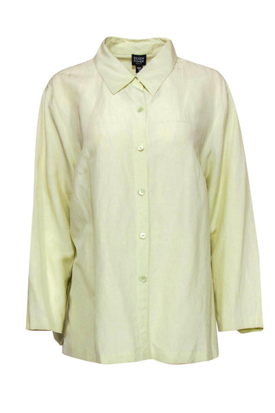 Current Boutique-Eileen Fisher - Light Green Linen Blend Button-Up Blouse Sz 1X