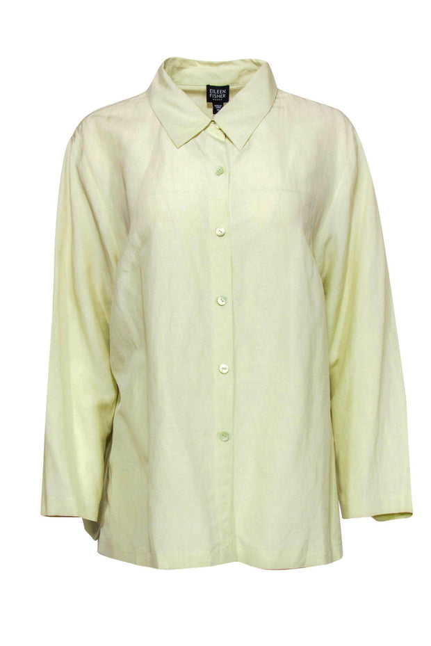Current Boutique-Eileen Fisher - Light Green Linen Blend Button-Up Blouse Sz 1X